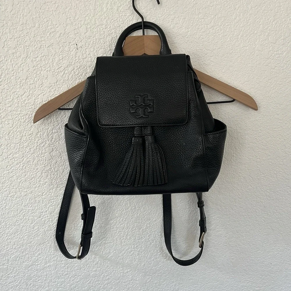 Tory Burch McGraw Black Pebbled Leather Backpack Tassel Double T Logo Stains